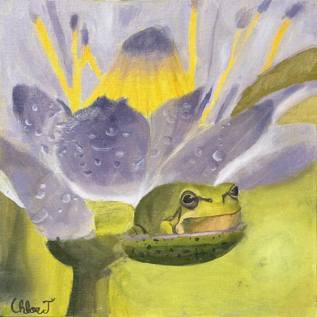 Glutton the Frog, a green tree frog resting under a white and lavender flower, painted in oils